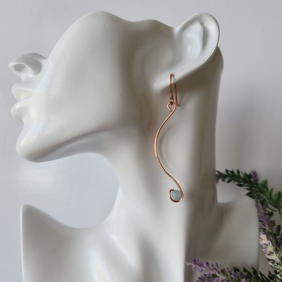 Handmade Copper Wire Wrapped Blue Aventurine Earrings - Elegant, Minimalist - Picture 3 of 7